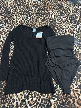 Shade & Shore Black Ribbed Knit Top with Black Strapless One-Piece